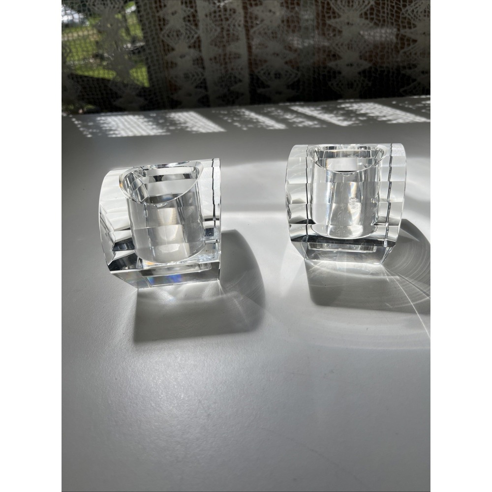 Vintage Oleg Cassini Crystal Cut Lotus Votive Elegant Candle Holder Signed Set - Picture 5 of 8